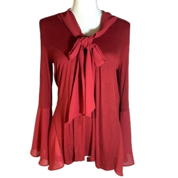 august silk Tops - August Silk Red Super Soft Tie Neckline Blouse Women's Large L Bell Sleeve Boho